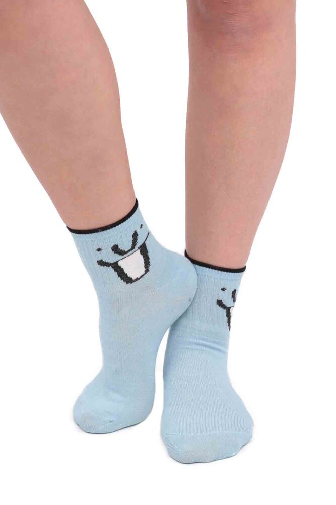 Fashion Emoji Desenli Kadın Soket Çorap 11400 | Açık Mavi