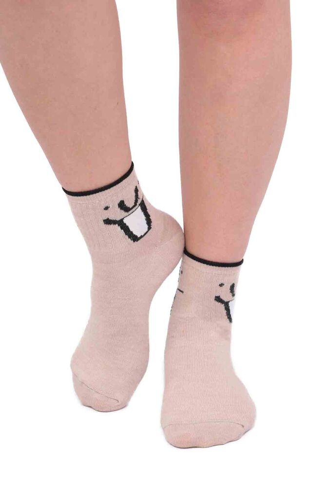 Fashion Emoji Desenli Kadın Soket Çorap 11400 | Bej