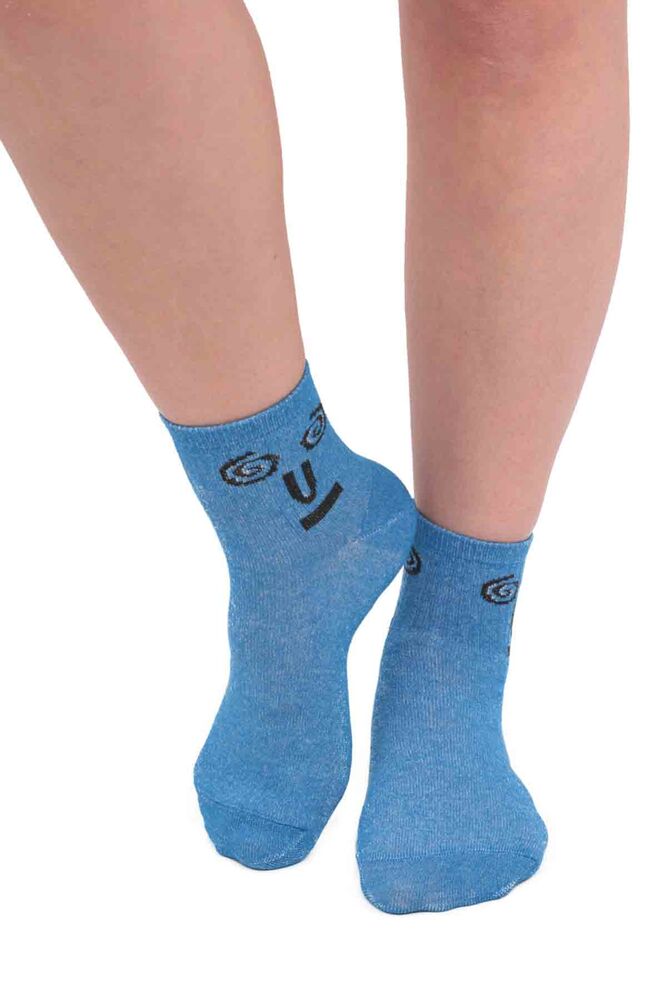 Fashion Emoji Desenli Kadın Soket Çorap 11401 | Mavi