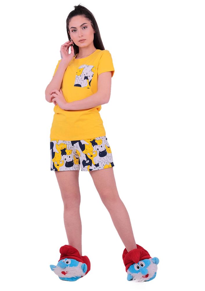 Jiber Kedi Desenli Şortlu Pijama Takımı 3613 | Sarı