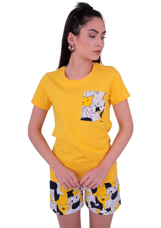Jiber Kedi Desenli Şortlu Pijama Takımı 3613 | Sarı - Thumbnail