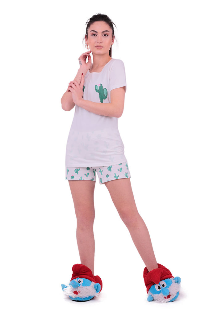 Jiber Kaktüs Desenli Kadın Şortlu Pijama Takımı 3627 | Beyaz