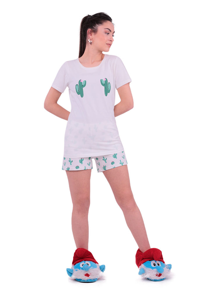 Jiber Kaktüs Desenli Kadın Şortlu Pijama Takımı 3627 | Beyaz