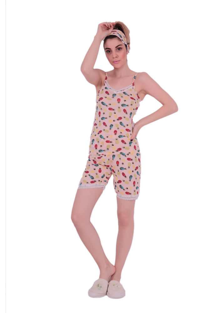 Snc İp Askılı Desenli Şortlu Güpür Detaylı Pijama Takımı 6041 | Bej
