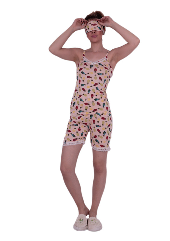 Snc İp Askılı Desenli Şortlu Güpür Detaylı Pijama Takımı 6041 | Bej - Thumbnail