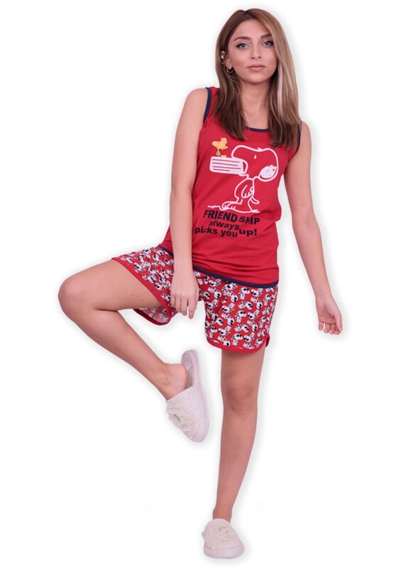 Sude Askılı Desenli Şortlu Kırmızı Pijama Takımı 2814 | Kırmızı - Thumbnail