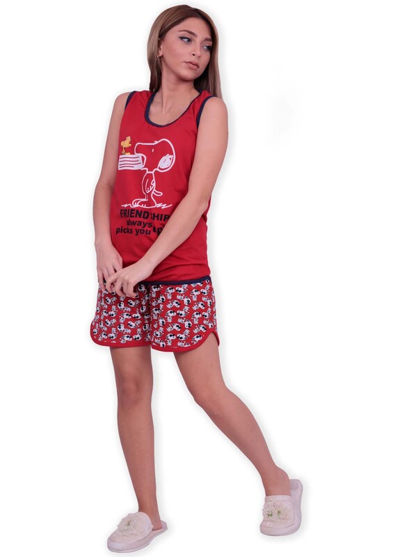 Sude Askılı Desenli Şortlu Kırmızı Pijama Takımı 2814 | Kırmızı - Thumbnail