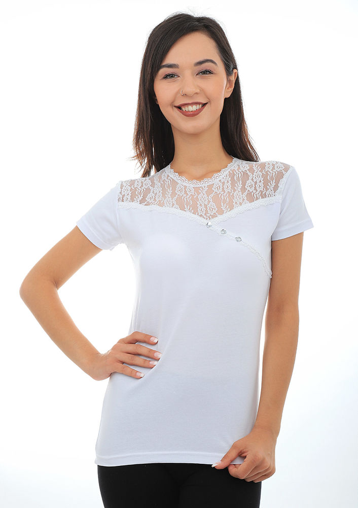 Kota Yakası Transparan Dantelli T-shirt 6031 | Beyaz