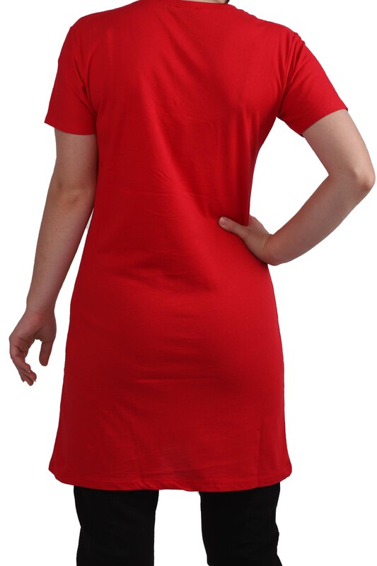 Narsace Baskılı Taşlı Uzun T-shirt 202 | Kırmızı - Thumbnail