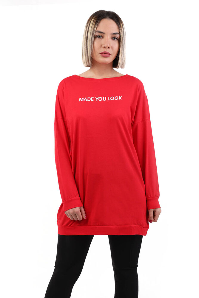 Yazı Baskılı Uzun Kollu Kadın T-shirt | Kırmızı