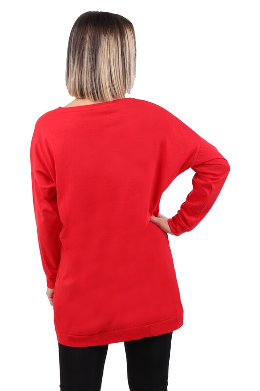 Yazı Baskılı Uzun Kollu Kadın T-shirt | Kırmızı - Thumbnail