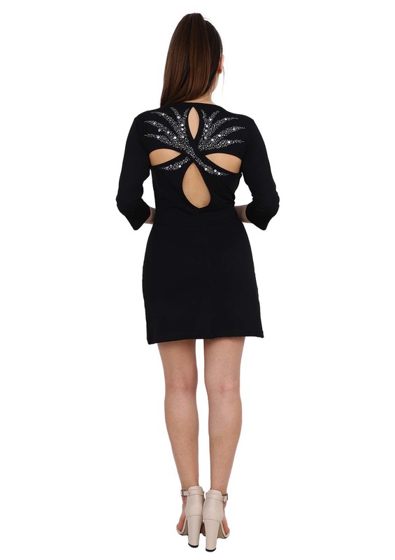 Shirly Yarım Kollu Taş İşlemeli Elbise 4631 | Siyah - Thumbnail