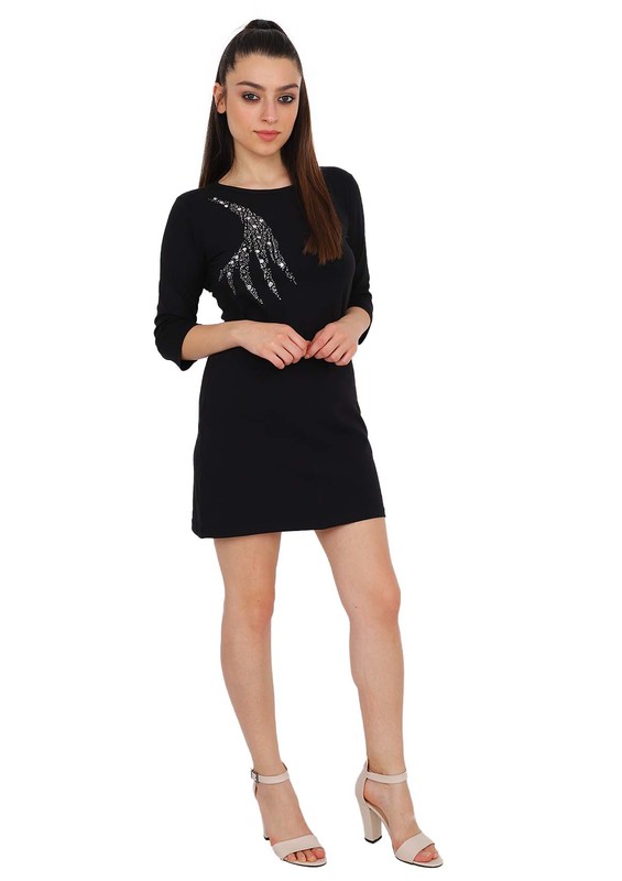 Shirly Yarım Kollu Taş İşlemeli Elbise 4631 | Siyah - Thumbnail