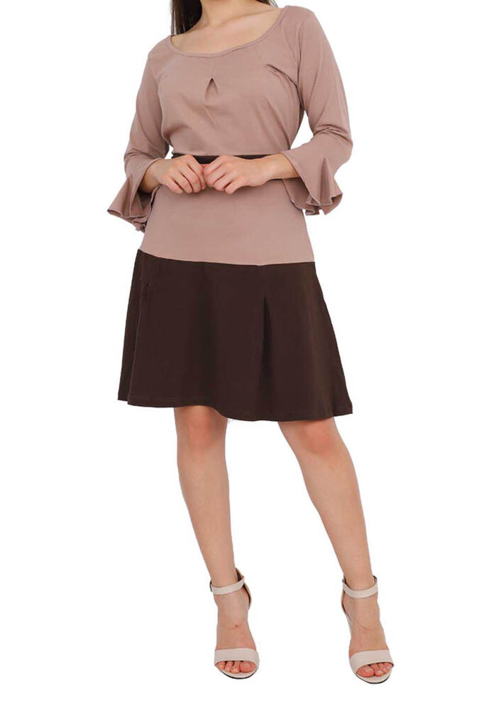Kolu Volanlı Beli Kuşaklı Modal Kadın Elbise 4621 | Vizon