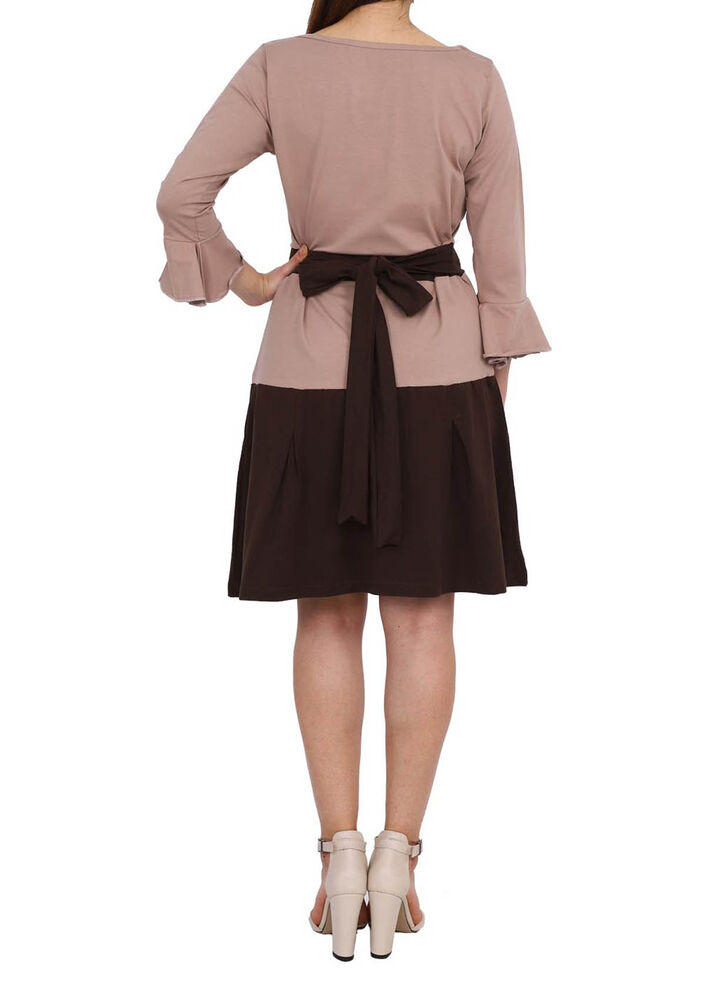 Kolu Volanlı Beli Kuşaklı Modal Kadın Elbise 4621 | Vizon