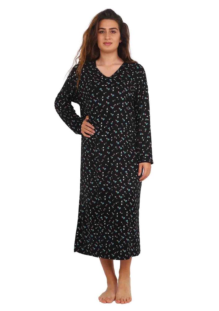V Yakalı Uzun Kollu Puantiyeli Elbise 036 | Siyah