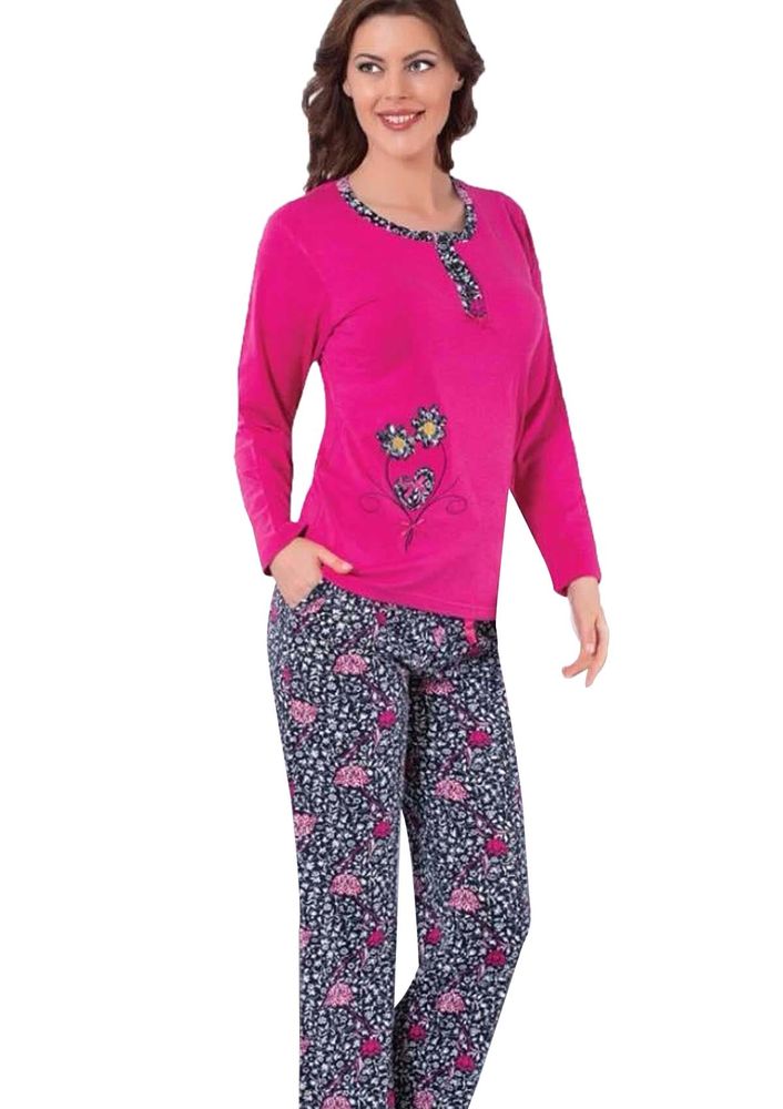 Yakası Düğmeli Çiçekli Pijama Takımı 5166 | Pembe