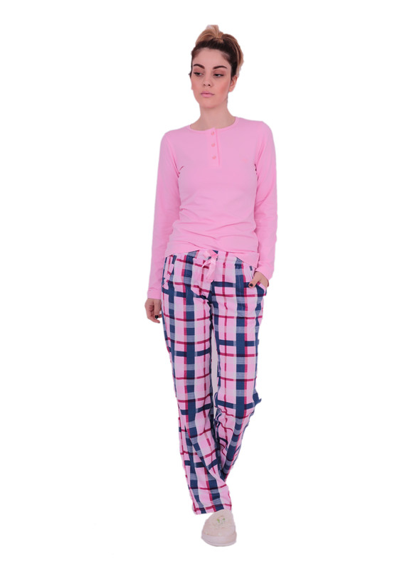 Aydoğan Boru Paçalı Şerit Desenli Pembe Pijama Takımı 4316 | Pembe - Thumbnail