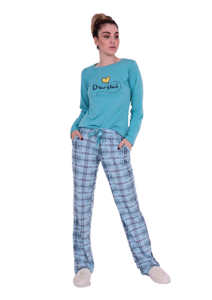 Aydoğan Kare Desenli Yazılı Pijama Takımı 4311 | Mavi