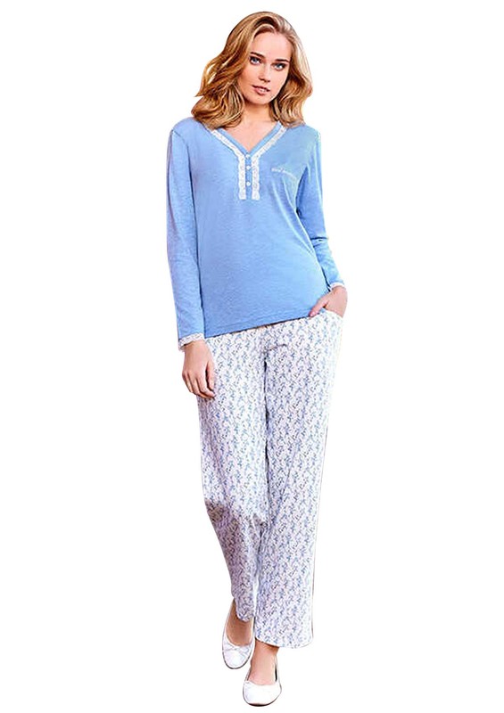 BERRAK - Berrak V Yakalı Düğmeli Desenli Pijama Takımı 435 | Mavi