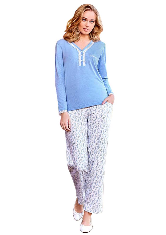 Berrak V Yakalı Düğmeli Desenli Pijama Takımı 435 | Mavi