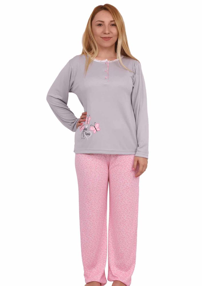 Boyraz Yakası Güpürlü Düğmeli Desenli Pijama Takımı 7802 | Gri