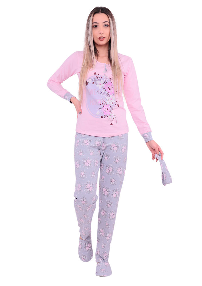 Boyraz Çiçek Desenli Uzun Kollu Pijama Takımı 4'lü 11148 | Pembe