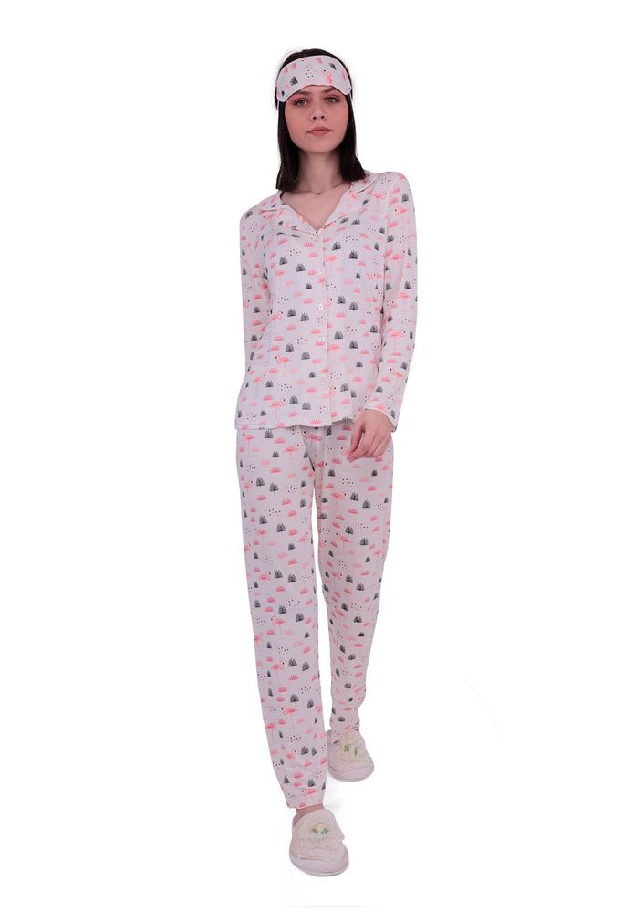 Boru Paçalı Düğmeli Desenli Pijama Takımı 2064 | Krem