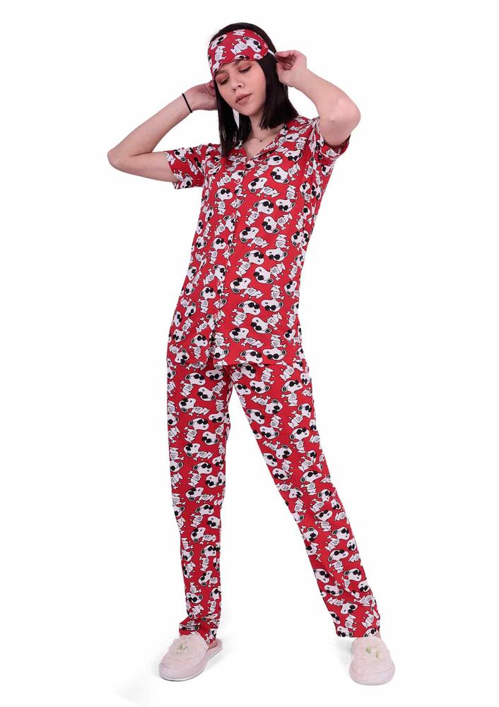 Dar Paçalı Düğmeli Desenli Pijama Takımı 2090 | Kırmızı