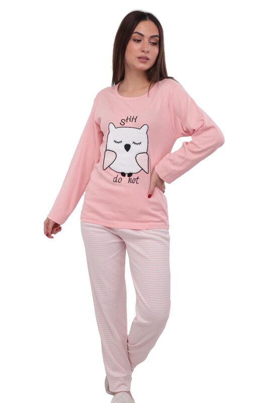 Baykuş Nakışlı Uzun Kollu Kadın Pijama Takımı 3001 | Pudra - Thumbnail