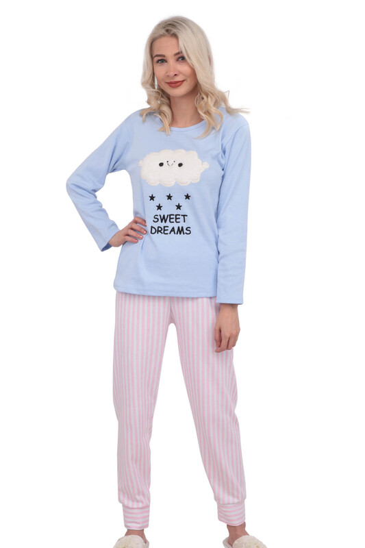Bulut Desenli Uzun Kollu Kadın Pijama Takımı 3014 | Mavi - Thumbnail