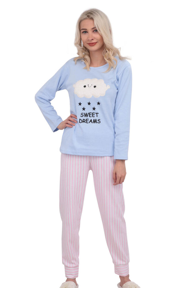 Bulut Desenli Uzun Kollu Kadın Pijama Takımı 3014 | Mavi