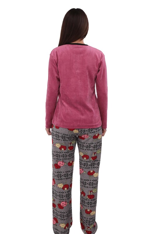 Fapi Boru Paçalı Desenli Kadife Pijama Takımı 3315 | Pembe - Thumbnail