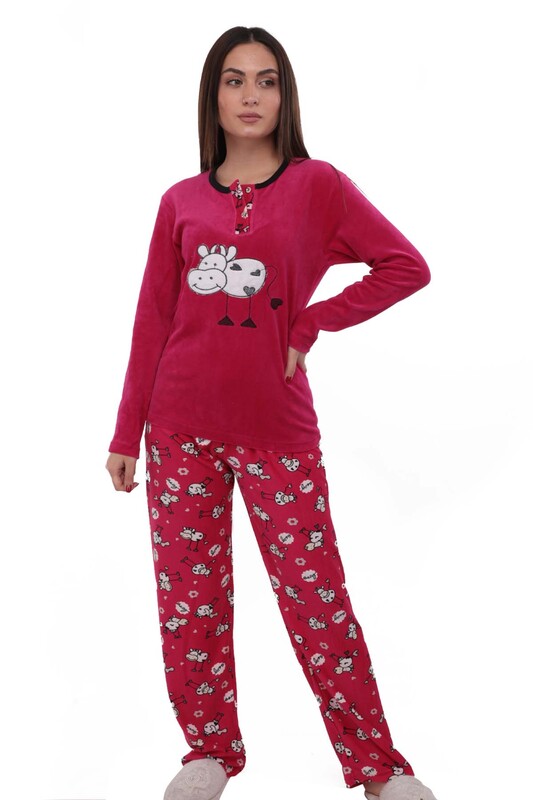Fapi Boru Paçalı Desenli Kadife Pijama Takımı 3315 | Fuşya - Thumbnail