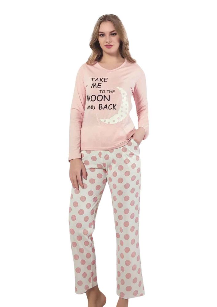 Boru Paçalı Puantyeli Pijama Takımı 10029 | Pudra