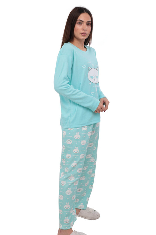 Kedi Baskılı Uzun Kollu Kadın Pijama Takımı 389 | Mavi - Thumbnail