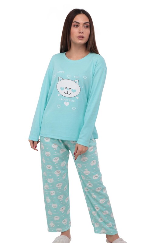 Kedi Baskılı Uzun Kollu Kadın Pijama Takımı 389 | Mavi - Thumbnail