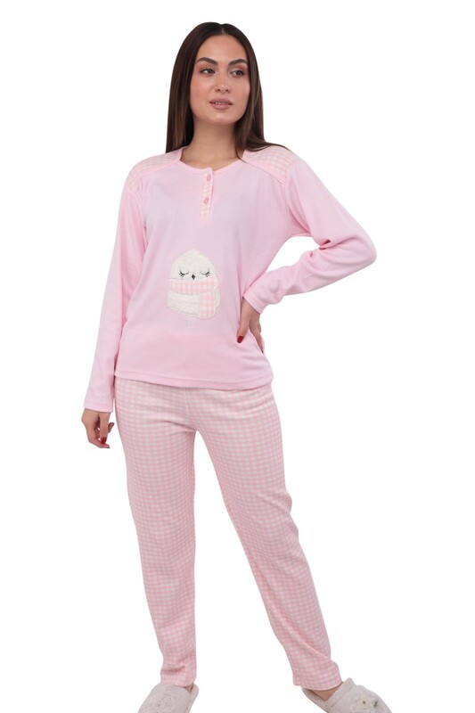 Baykuş Desenli Uzun Kollu Kadın Pijama Takımı 874 | Pembe - Thumbnail