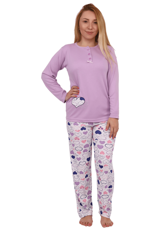 Glisa Yakası Düğmeli Kalpli Pijama Takımı 2760 | Lila - Thumbnail