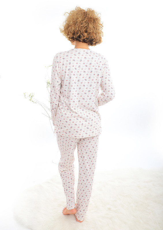 V Güpür Yakalı Desenli Pijama Takımı 2250 | Krem - Thumbnail