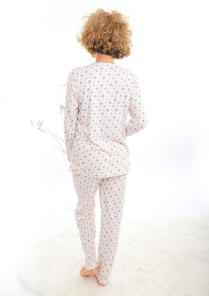 V Güpür Yakalı Desenli Pijama Takımı 2250 | Krem