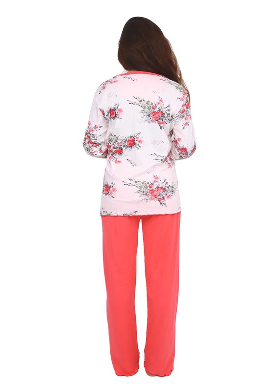 Good Night Yakası Fırfırlı Çiçek Desenli Beyaz-Kırmızı Pijama Takımı 1001 | Nar Çiçeği - Thumbnail