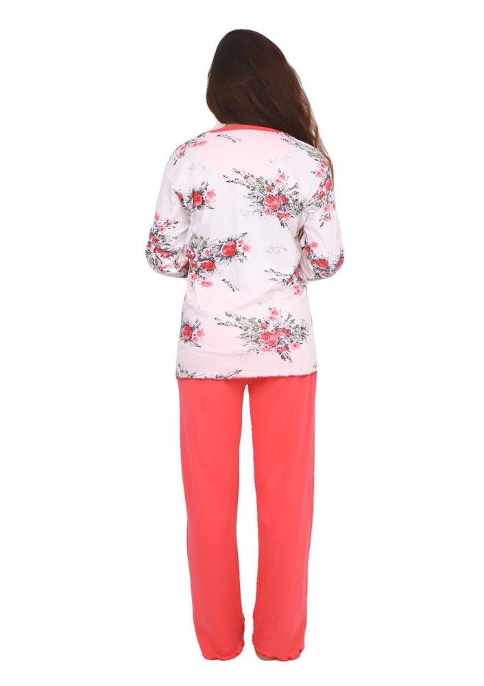 Good Night Yakası Fırfırlı Çiçek Desenli Beyaz-Kırmızı Pijama Takımı 1001 | Nar Çiçeği