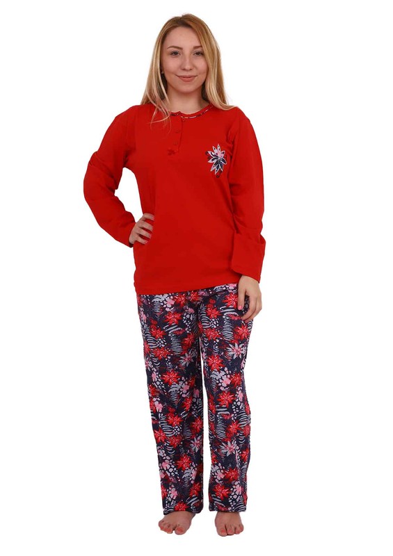 Işılay Yakası Düğmeli Çiçek Desenli Pijama Takımı 5840 | Kırmızı - Thumbnail