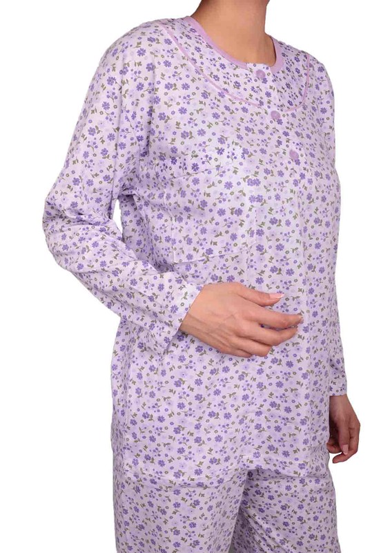 İtan Çiçek Desenli Düğme Detaylı Mor Pijama Takımı 494 | Lila - Thumbnail