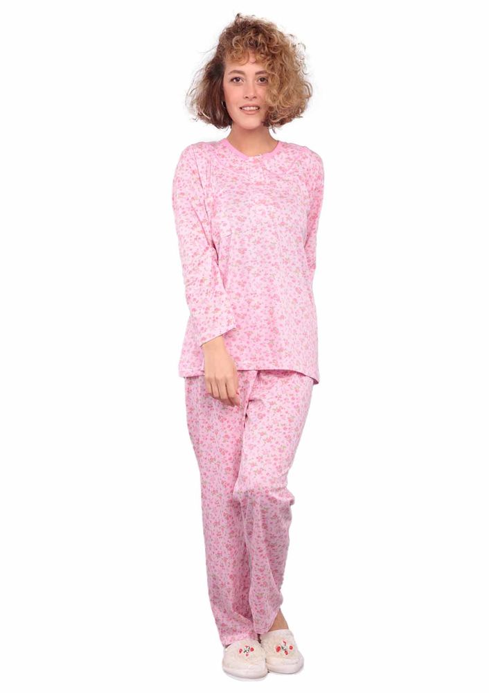 İtan Çiçek Desenli Düğme Detaylı Mor Pijama Takımı 494 | Pembe