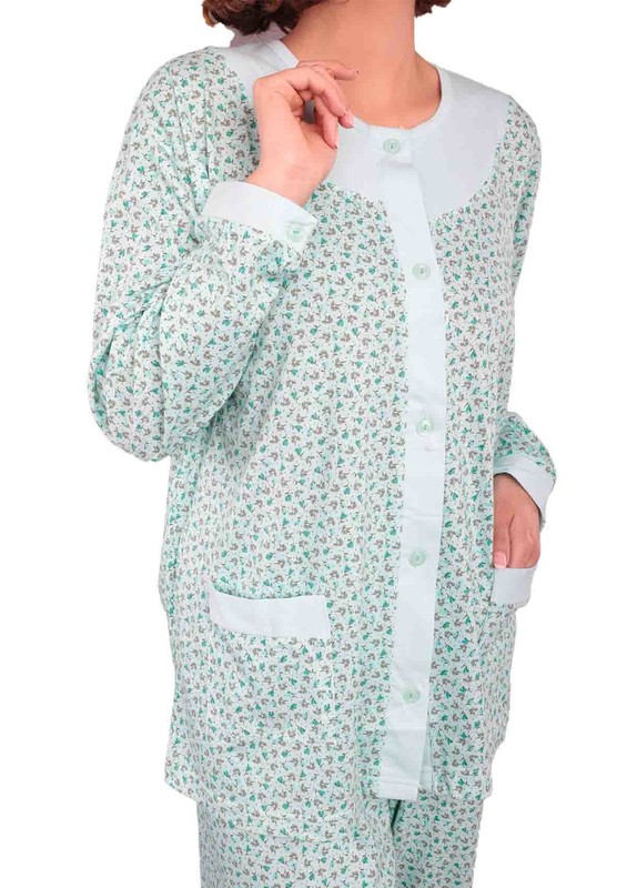 İtan Önü Düğmeli Cepli Kelebek Desenli Pijama Takımı 402 | Su Yeşili - Thumbnail