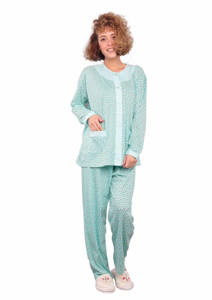 İtan Önü Düğmeli Cepli Kelebek Desenli Pijama Takımı 402 | Su Yeşili
