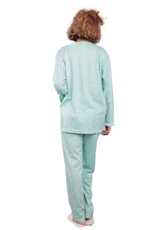 İtan Önü Düğmeli Cepli Kelebek Desenli Pijama Takımı 402 | Su Yeşili - Thumbnail