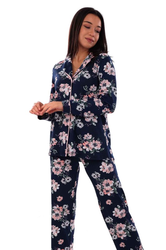 Koza Çiçek Desenli Kadın Pijama Takımı 70555 | Lacivert - Thumbnail